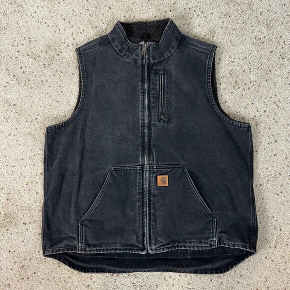 Vintage Carhartt Duck Canvas Sherpa Lined Vest Washed Black Size XL Tall Men's